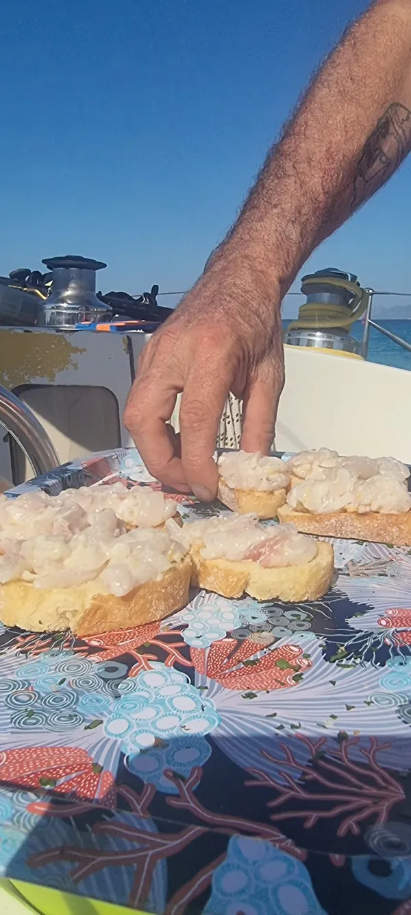 Tartines de carpaccio de poisson frais préparées à bord du voilier